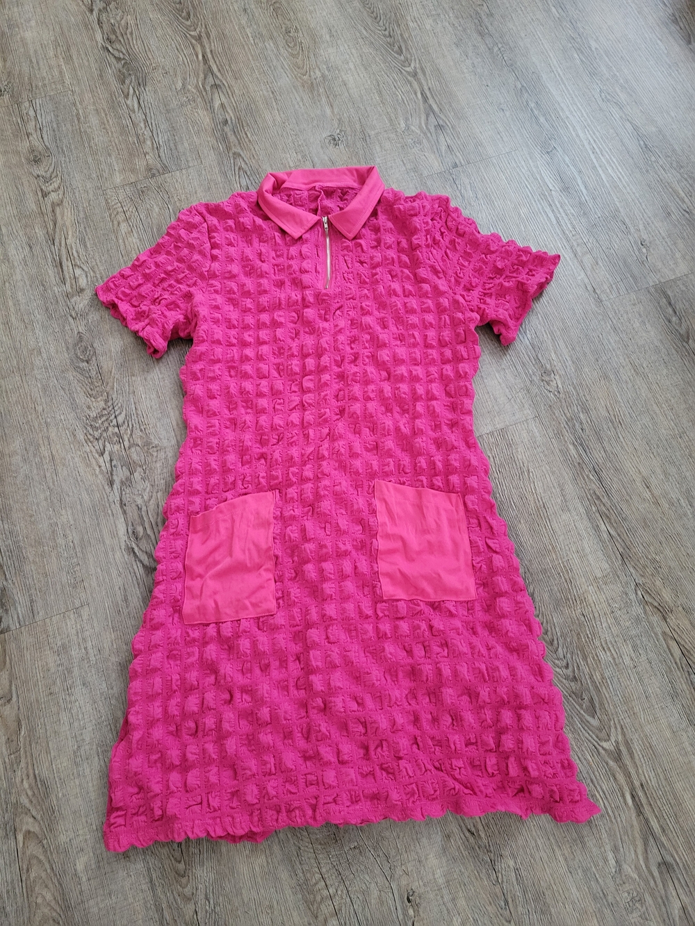 Textured Hot Pink Polo Dress with Front Pockets